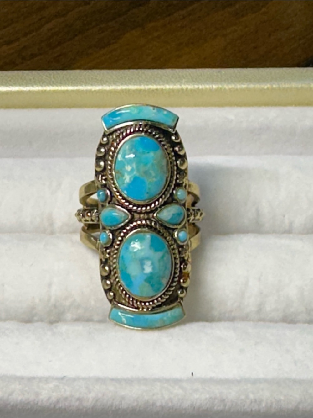 New Barse Bronze & Turquoise Blue Double Oval Statement Ring -Size 8
